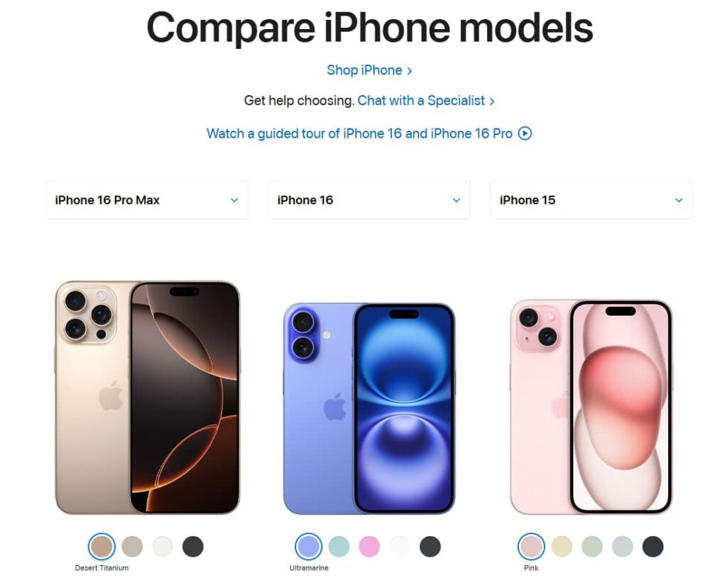product comparison on the website