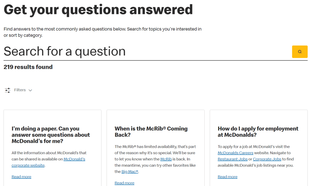 McDonald's FAQ page