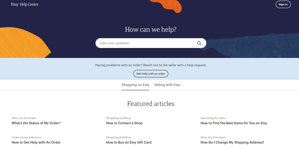 Search bar in the help center on the Etsy e-commerce platform