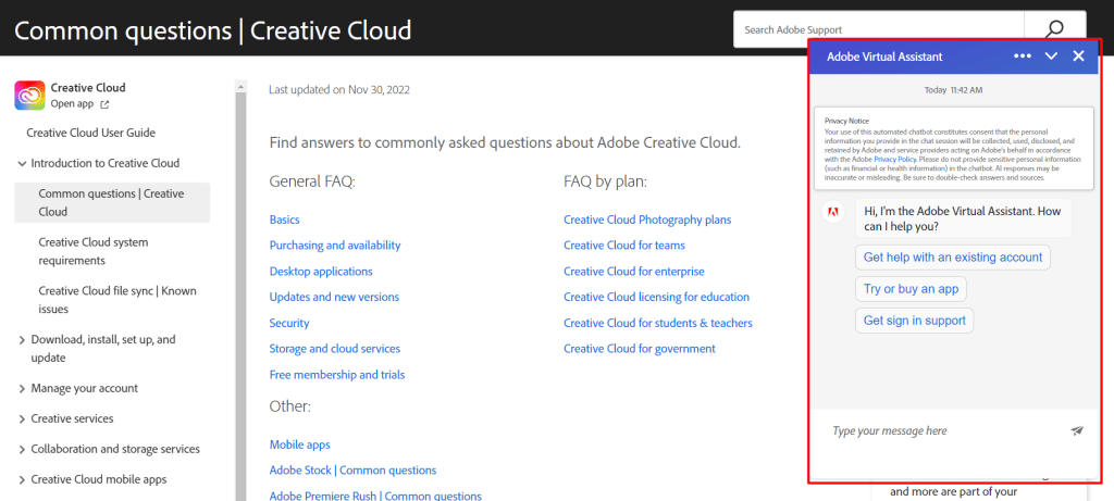 Virtual assistant for quick contact with a manager Adobe