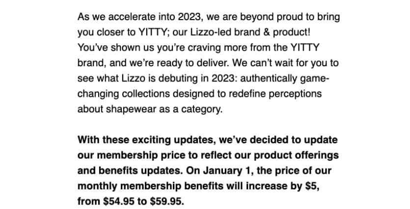 Letter from Yitty announcing a monthly price increase