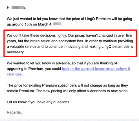 Letter from LingQ announcing a 15% price increase