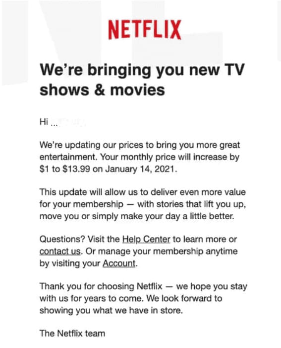 Letter from Netflix about price increase