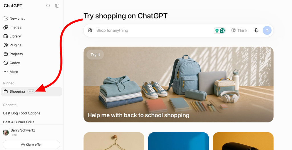 ChatGPT виніс Shopping в окремий розділ у боковому меню