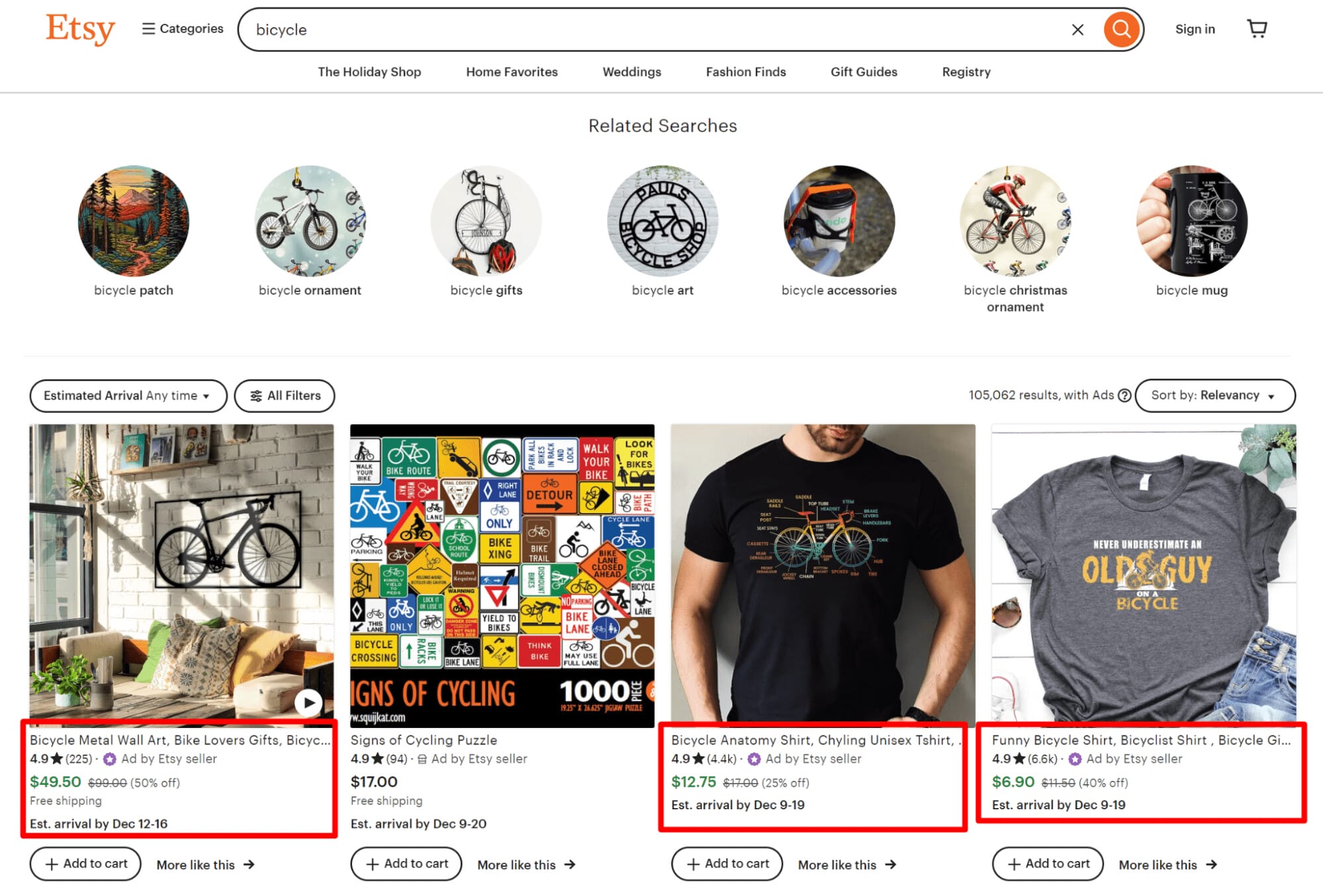 Product advertising in the Etsy interface