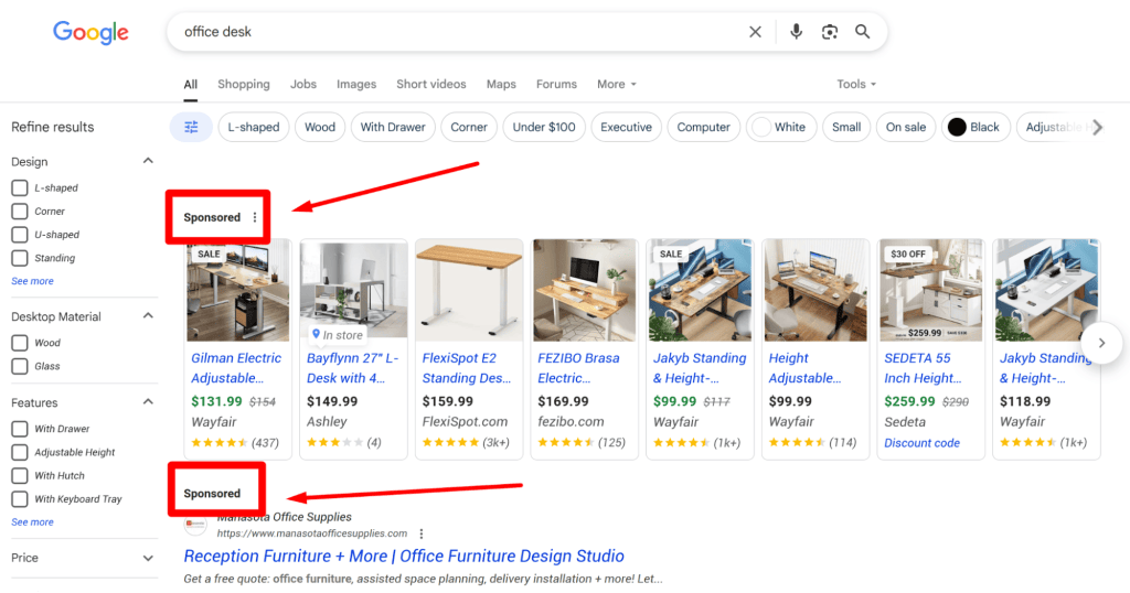 Displaying ads in search results