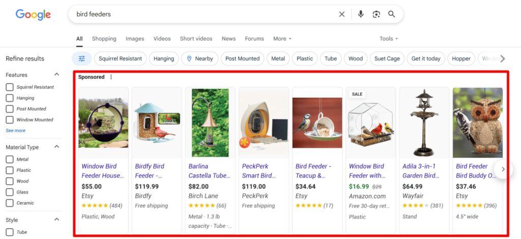 Search engine results for products based on key phrases
