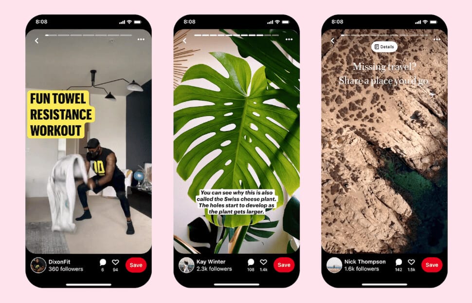 Три відеоісторії Pinterest: тренування, кімнатна рослина і пляжна локація