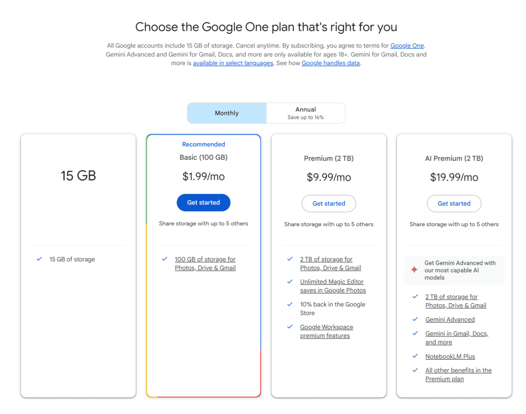 Tariff plans offered in Google One storage