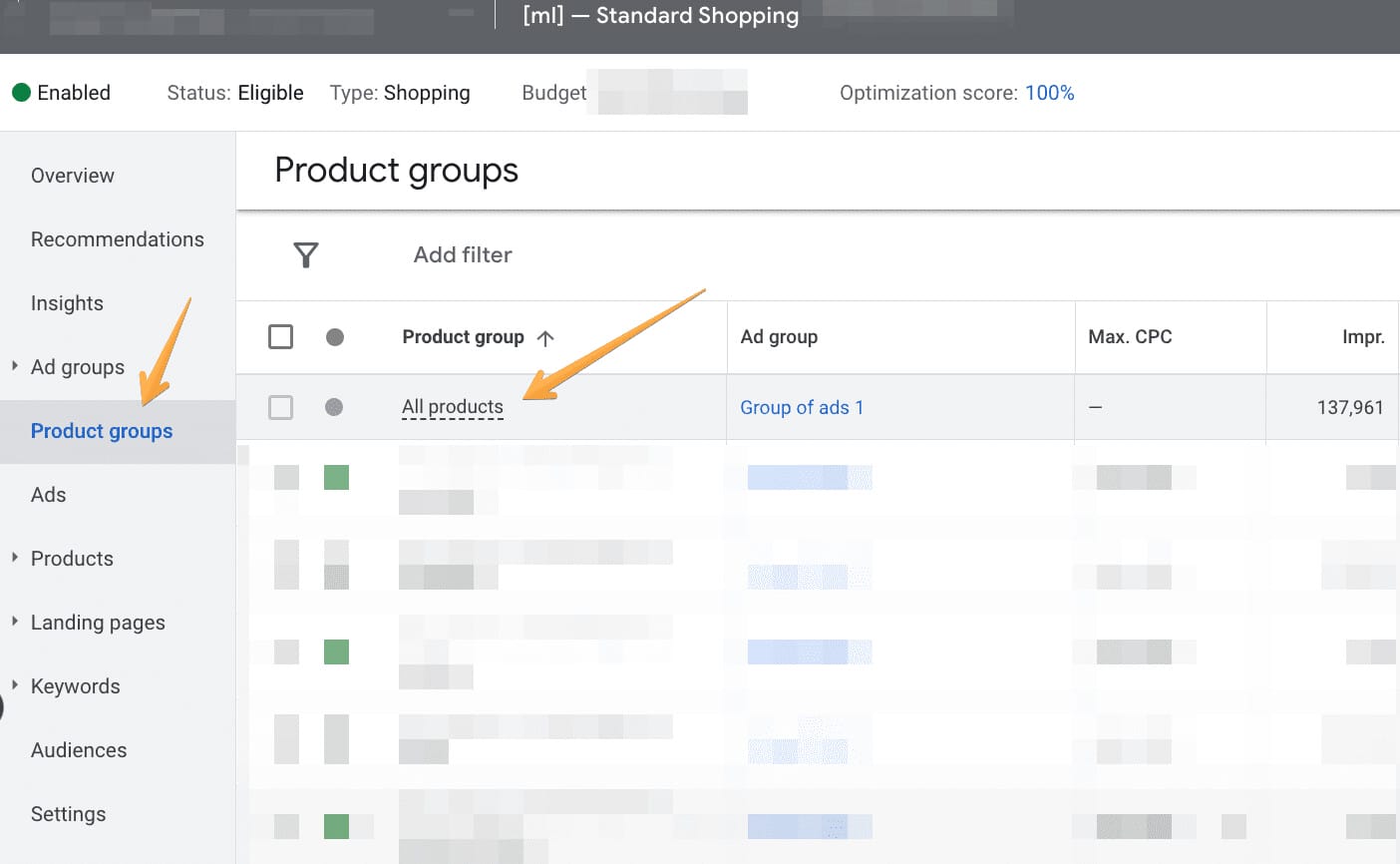 setting up product advertising in the Google interface with examples