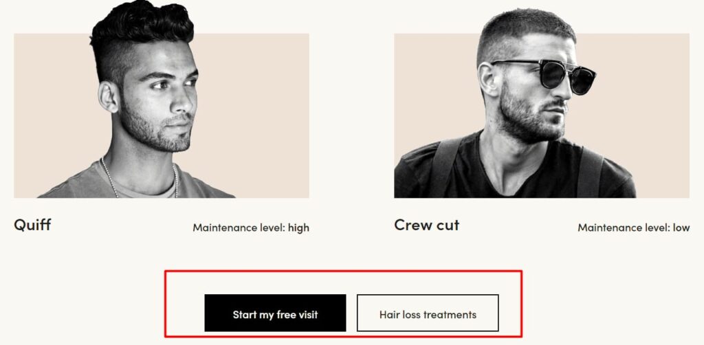 Two offers to choose from for website visitors after completing the hairstyle quiz