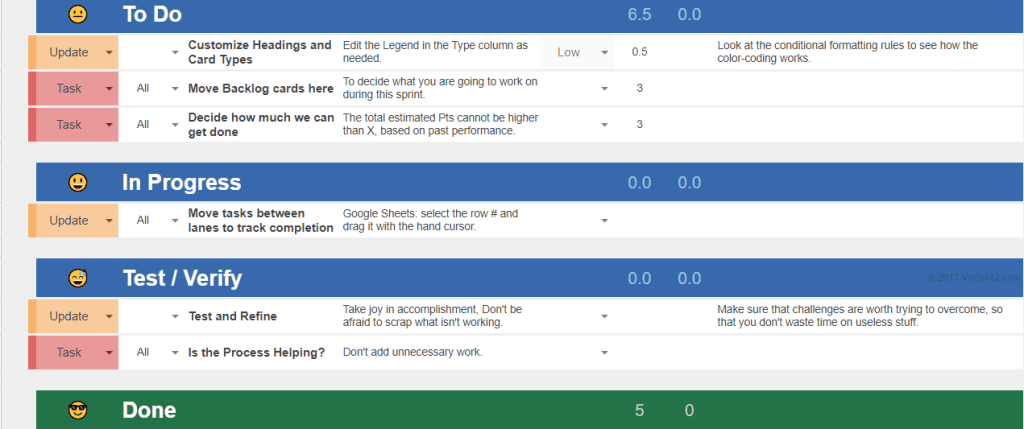 Example of a roadmap in Google Sheets