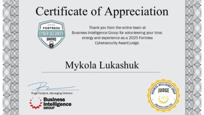 Mykola Lukashuk Recognized as Judge at the 2025 Fortress Cybersecurity Awards — Second Award from Business Intelligence Group