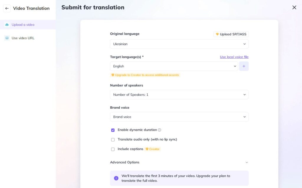 Select language, voice, and translation options