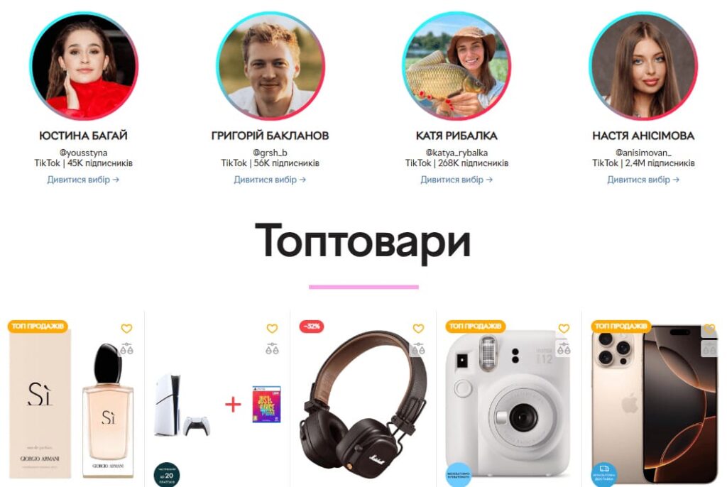 Добірка інфлюенсерів TikTok і популярних товарів у продажу