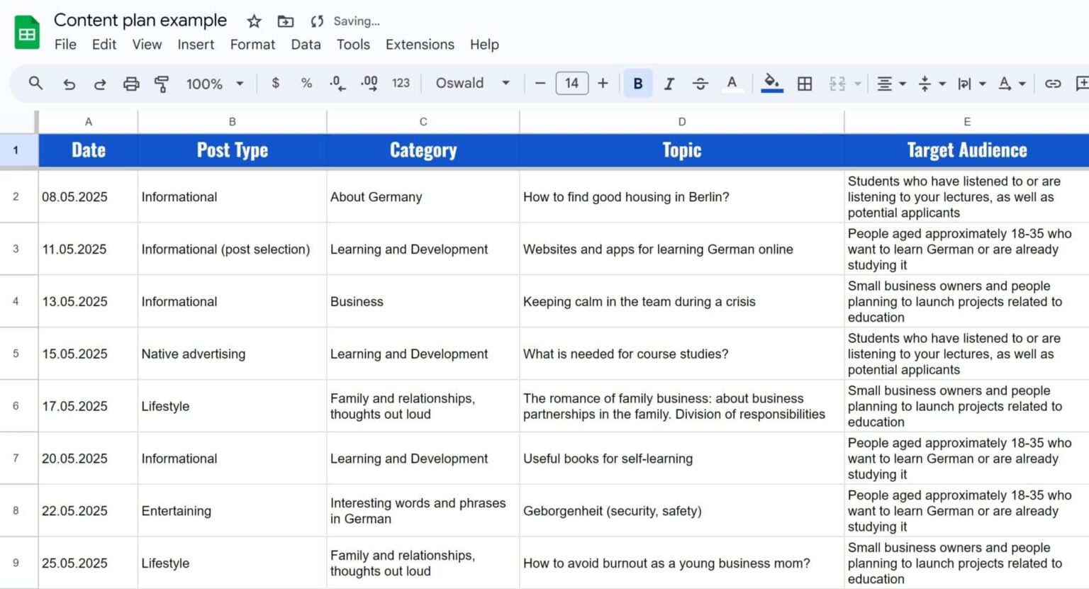 Check out the content plan example at this link: Content plan example