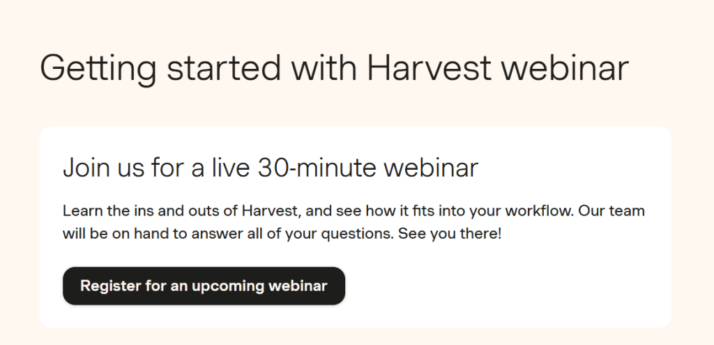Offer to register for a webinar about Harvest for new visitors