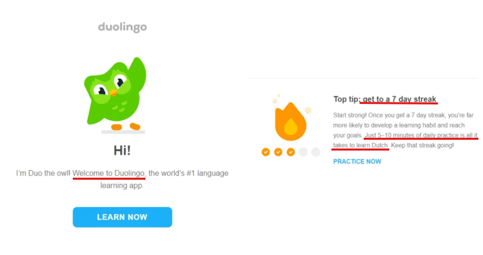 Привітальне повідомлення від Duolingo з порадою щодо навчання