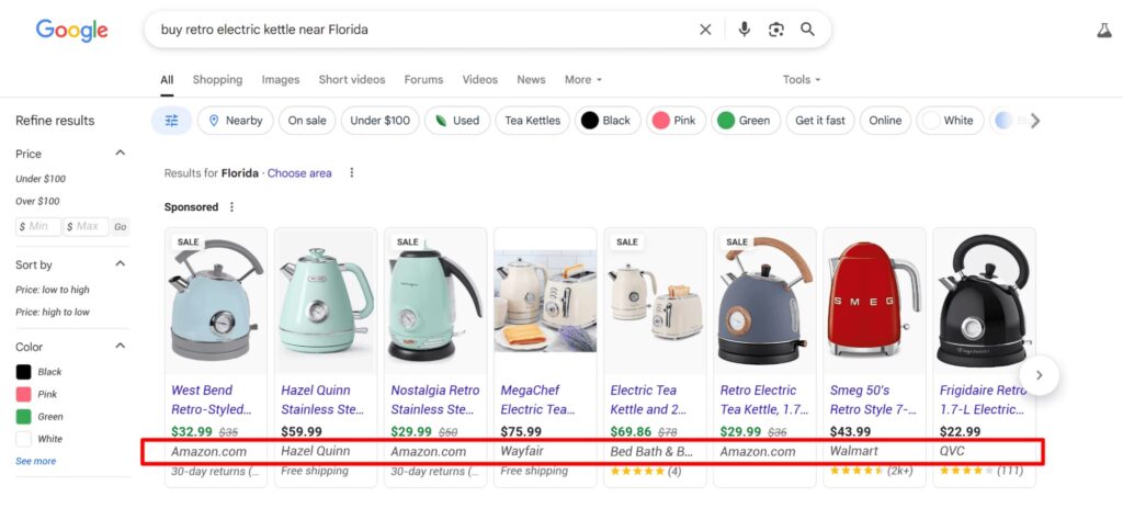 Carousel of comparative products in Google search results