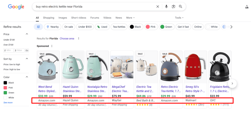 Carousel of comparative products in Google search results