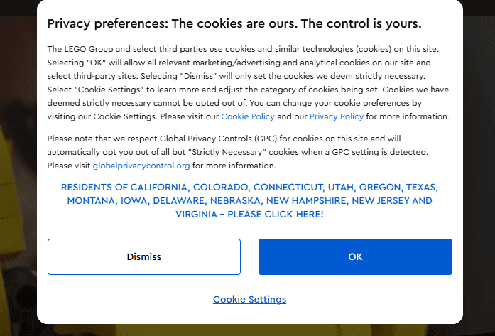 LEGO cookie consent pop-up with options for residents