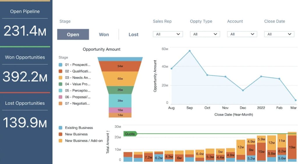 Sales funnel and charts with deal, loss, and profit data