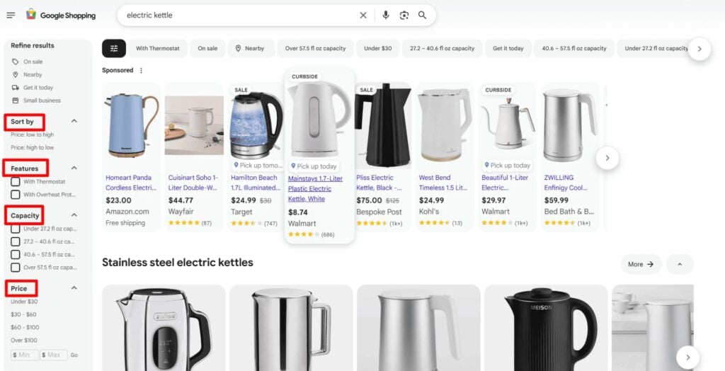 Product comparison capabilities in Google Shopping