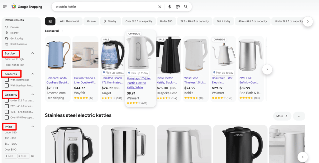 Product comparison capabilities in Google Shopping