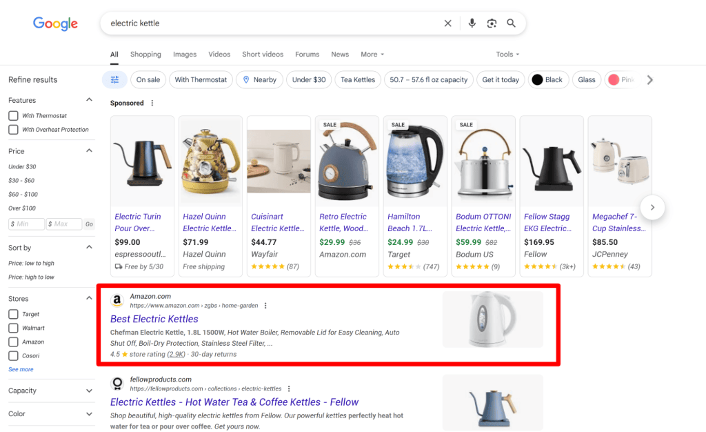 Amazon's position in search results