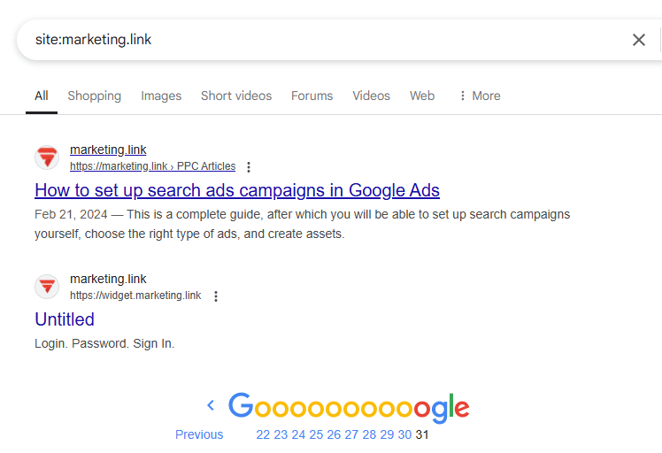 Google search results for site:marketing.link with two pages found