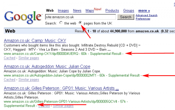 Google search results from the 2000s from Amazon sites marked "Supplemental Result"