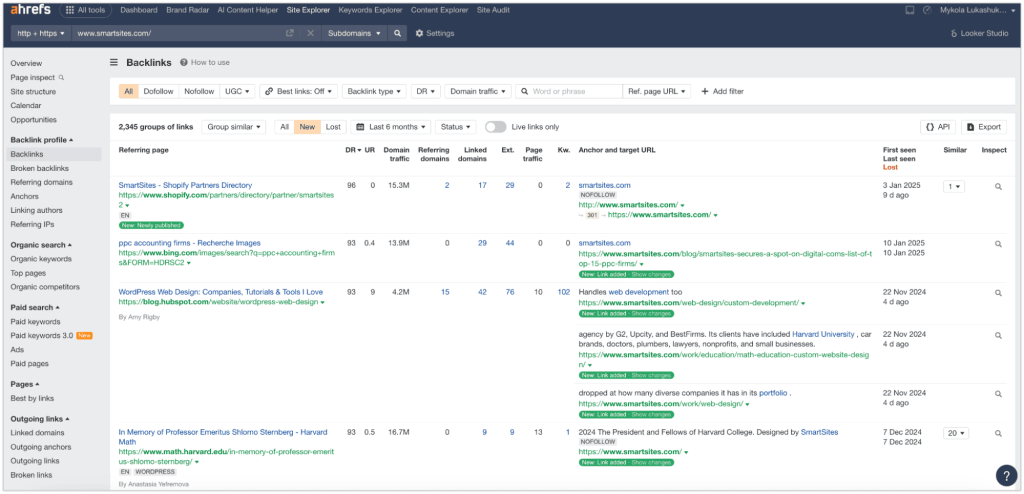 Список обратных ссылок конкурентов на Ahrefs