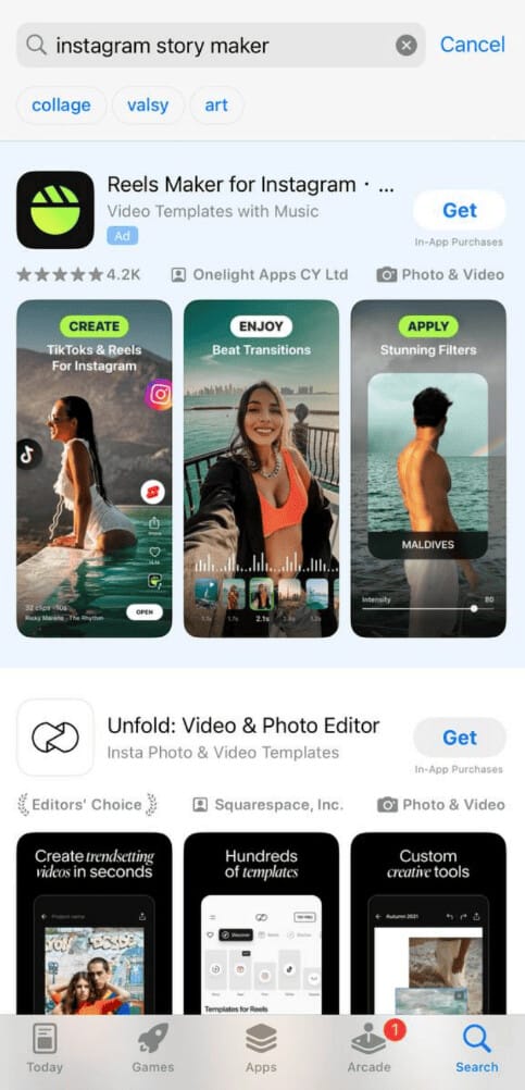 Example of a mobile app ad set up in Apple Search Ads
